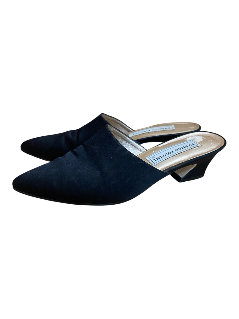 Franco Fortini Womens Vintage Point Toe Fabric Top Mules Heels Black 90s